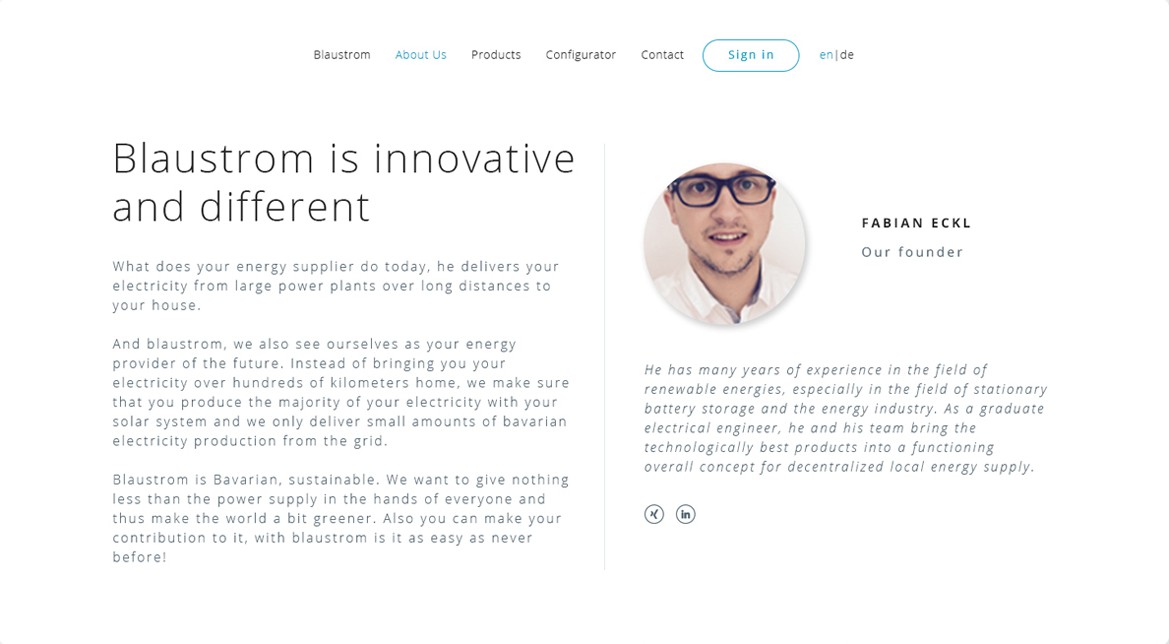About section: the heading Blaustrom is innovative and different with three paragraphs, and on the right a round photo of the founder Fabian Eckl with a bio in italics
