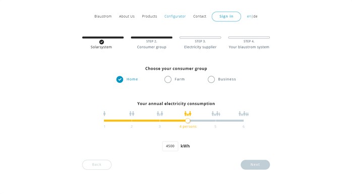 Step 2: Choose your consumer group with Home, Farm and Business, and a slider with person icons set to 4 persons above a field with 4500 kWh