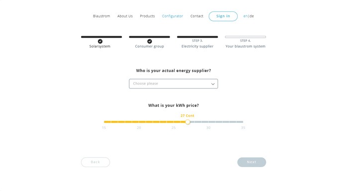 Step 3: Who is your actual energy supplier? with a drop-down, and What is your kWh price? with a slider set to 27 cents