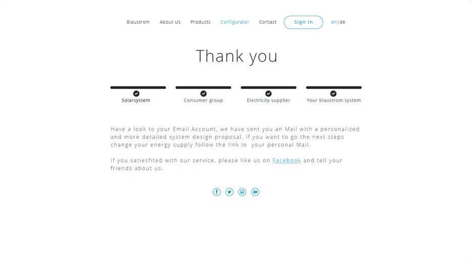 Thank you screen with all four steps checked and a text about the proposal sent by email