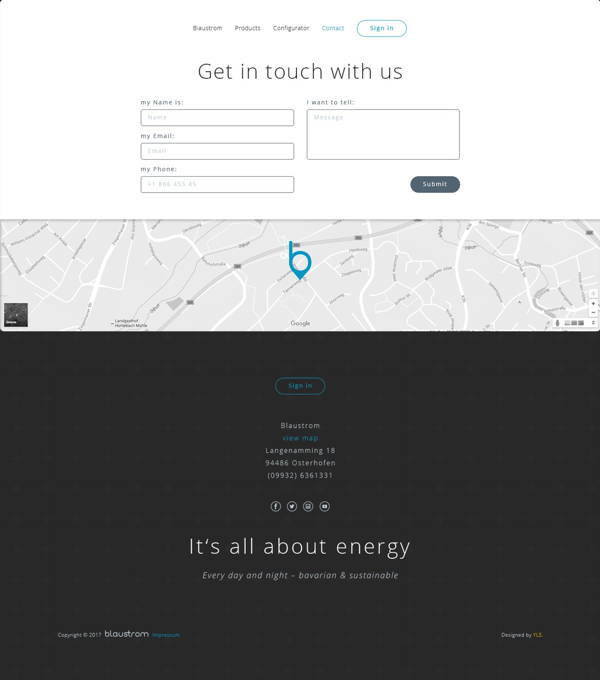 Contact section: Get in touch with us form, a grey map with a blue b pin, and a dark footer with a Sign in button, the address in Osterhofen, social icons and It's all about energy