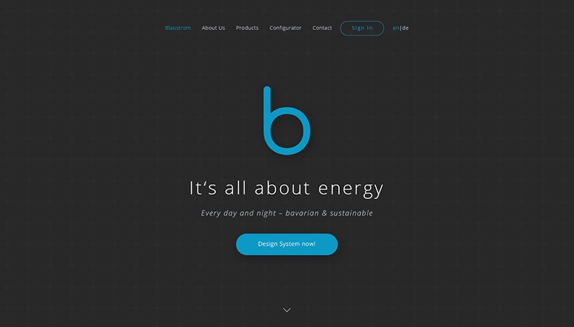 First screen: the menu, a large blue b, the line It's all about energy and a blue Design System now! button on a dark background