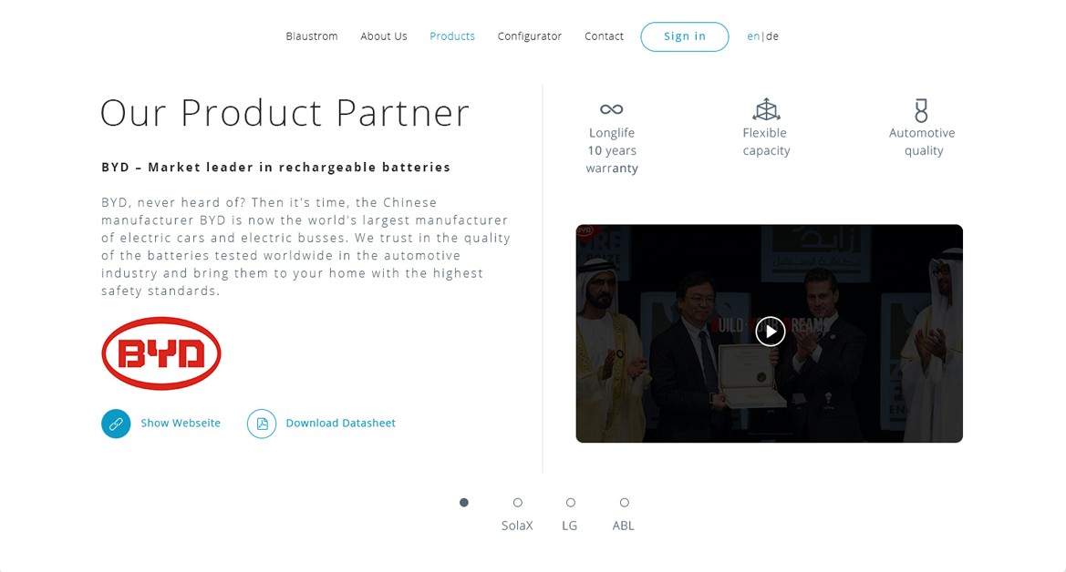 Products section: Our Product Partner, BYD with three key points (long life, flexible capacity, automotive quality), a short text, the BYD logo, Show website and Download datasheet links, a video and dots for SolaX, LG and ABL