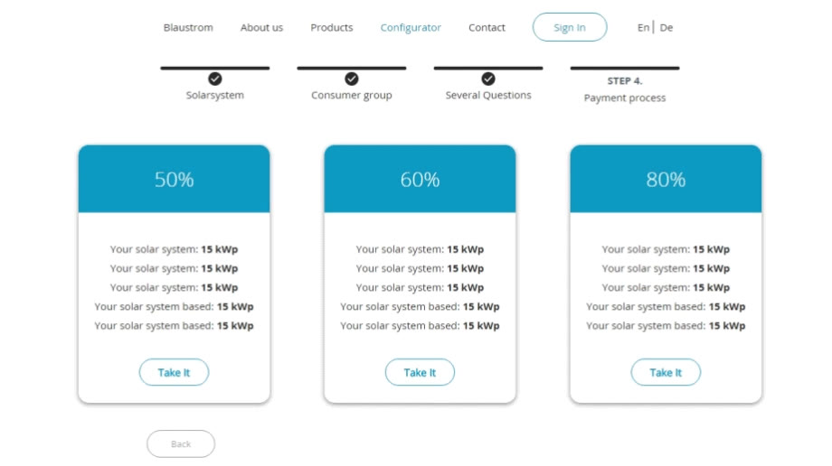 Prototype of step 4: Take it is clicked on the third card and the personal proposal form opens with the chosen system on a blue panel