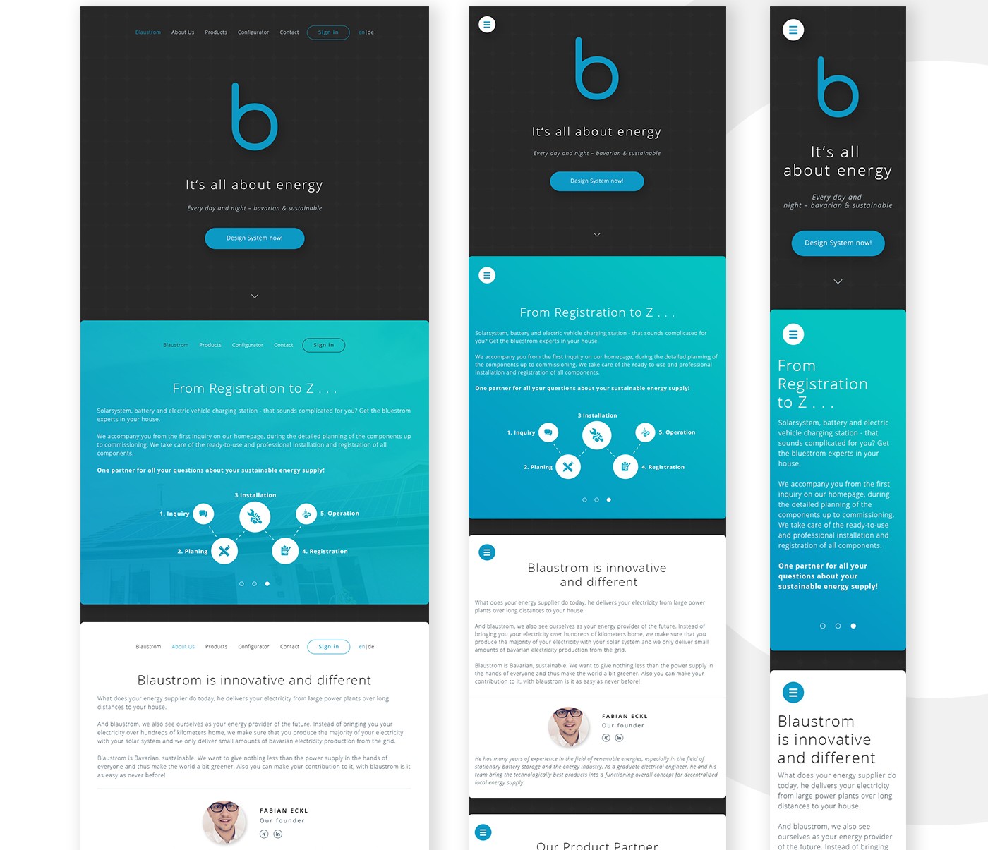 Three widths of the main page side by side, desktop, tablet and phone: the dark first screen with the b, the From Registration to Z slide and the About section