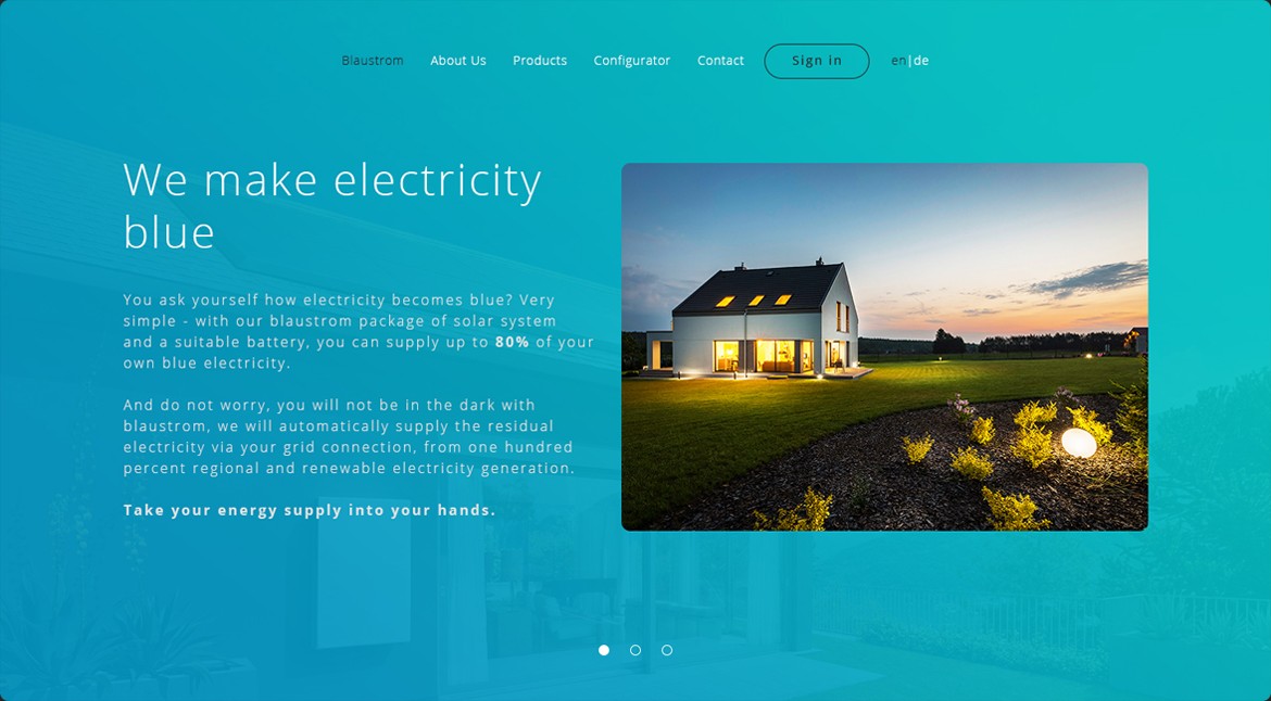 Slide We make electricity blue: text on the left and a photo of a house with solar panels at dusk on the right