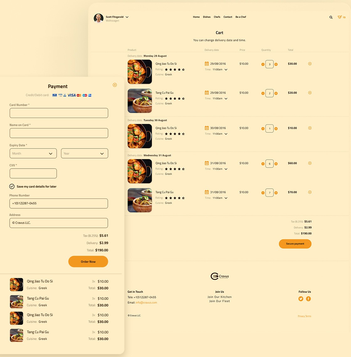 Cart page with items grouped by delivery date and the payment panel open on the left