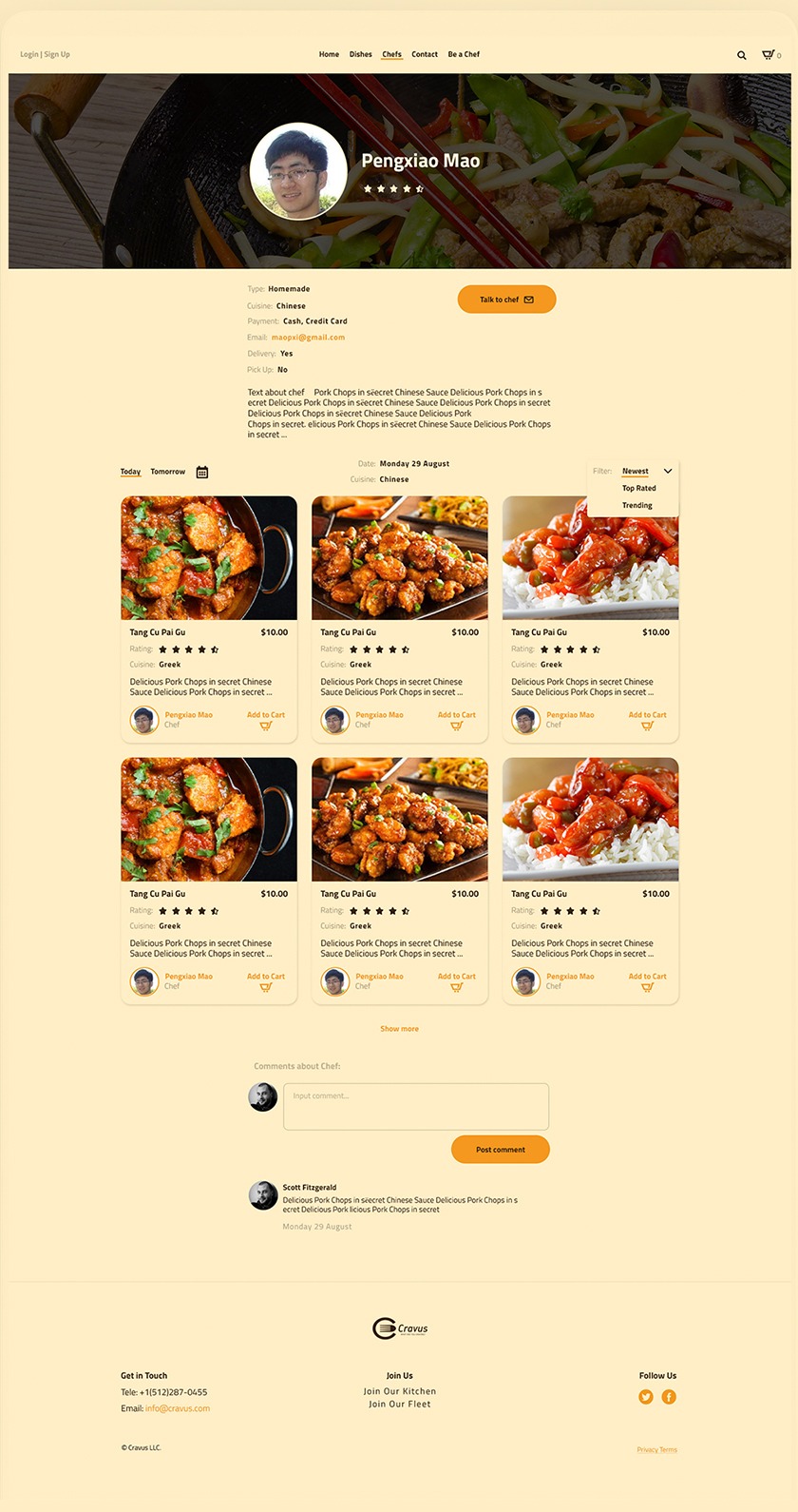 Chef page with a food photo header, chef details, the chef's dishes and a comments block