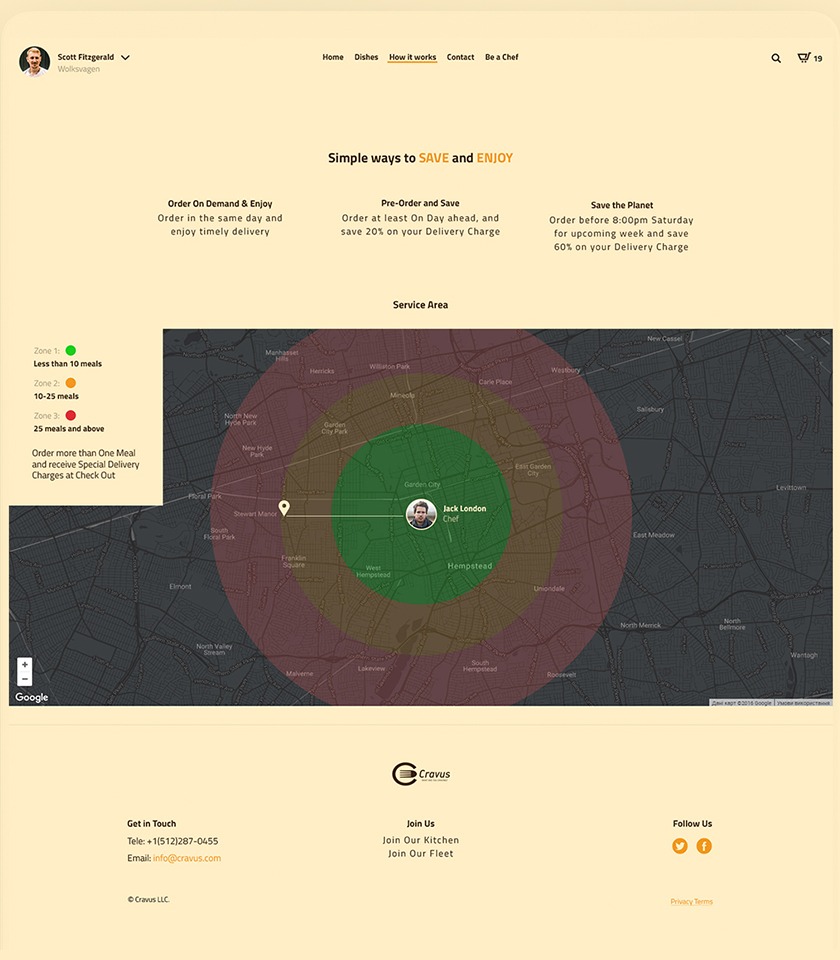 How it works page with three ways to order and a dark map with green, yellow and red delivery zones
