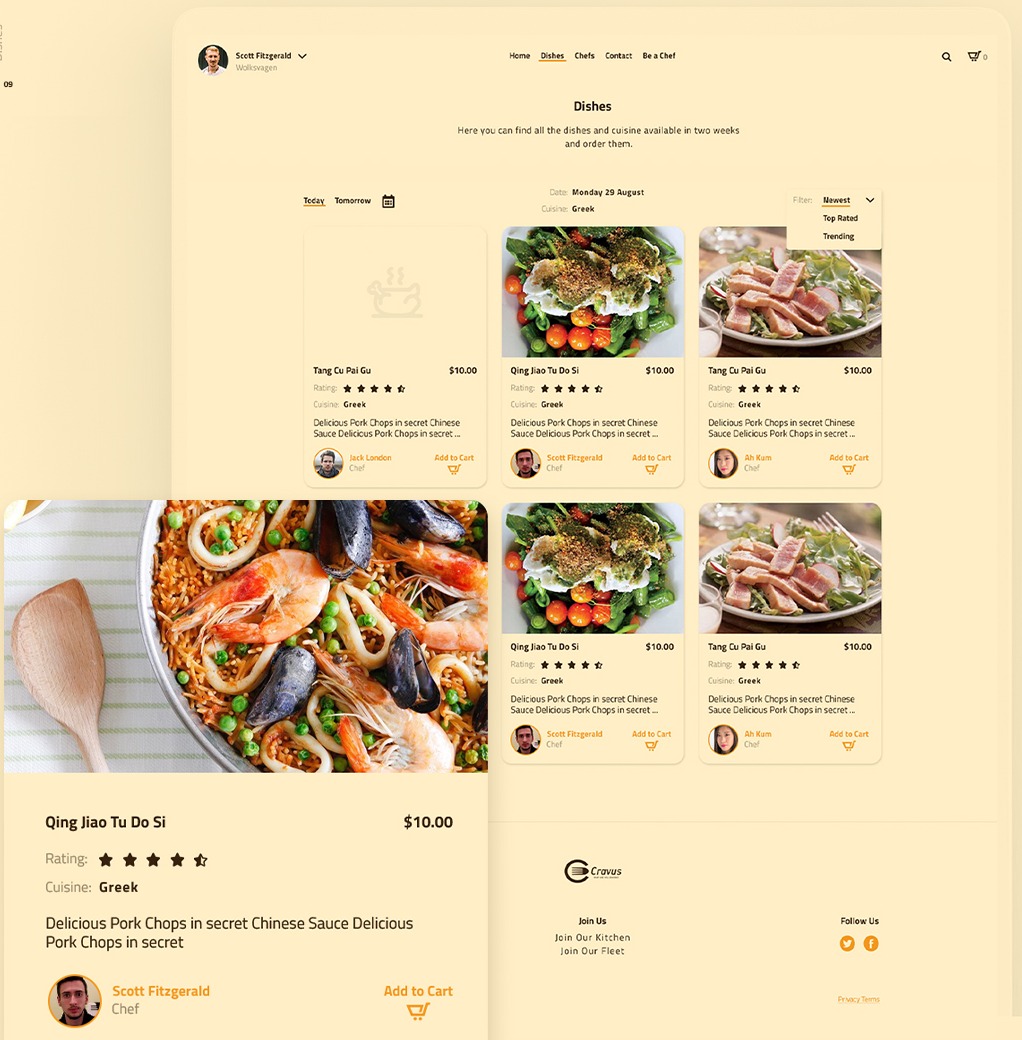 Dishes page with Today and Tomorrow tabs, a sort menu and dish cards, with one card shown enlarged
