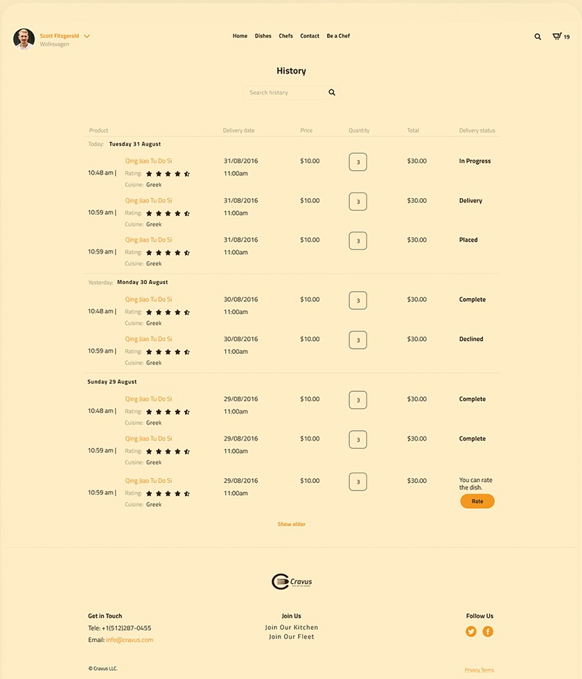 History page with orders grouped by day and a delivery status for each, with a Rate button on the last one
