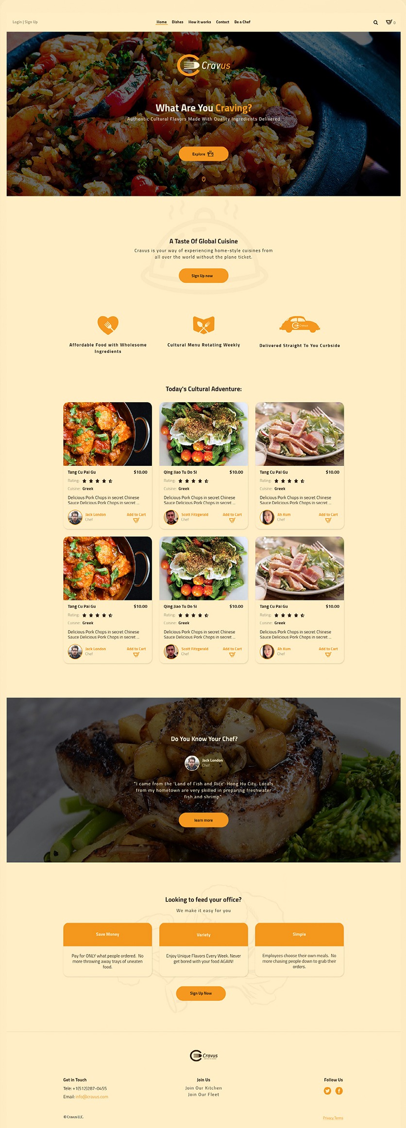 Full Cravus main page: header, food photo with the logo and heading, three icons, six dish cards, a chef quote over a steak photo, the office block with three orange cards, and the footer