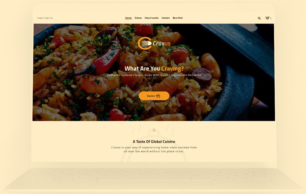 The Cravus main page on a laptop: a paella photo with the heading What Are You Craving? and an Explore button