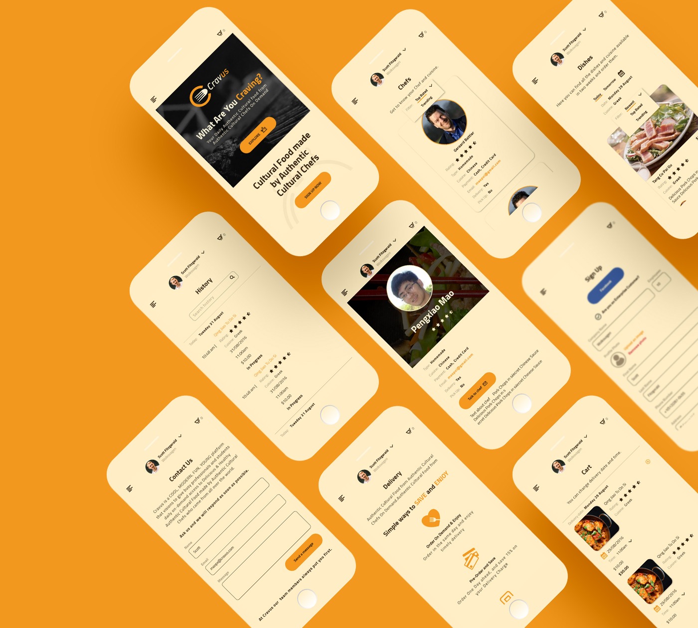 Nine phones on an orange background: main page, chefs, dishes, history, chef page, sign up, contact, how it works and cart