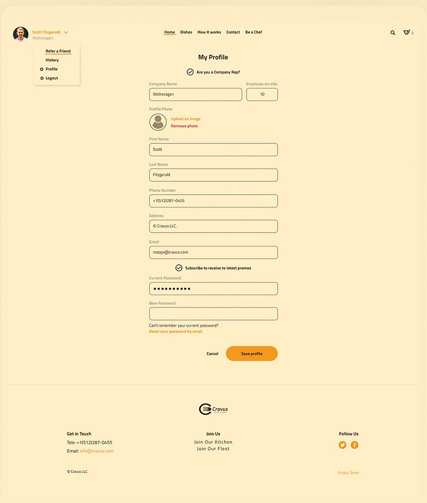 My Profile page with the user menu open: Refer a friend, History, Profile, Logout