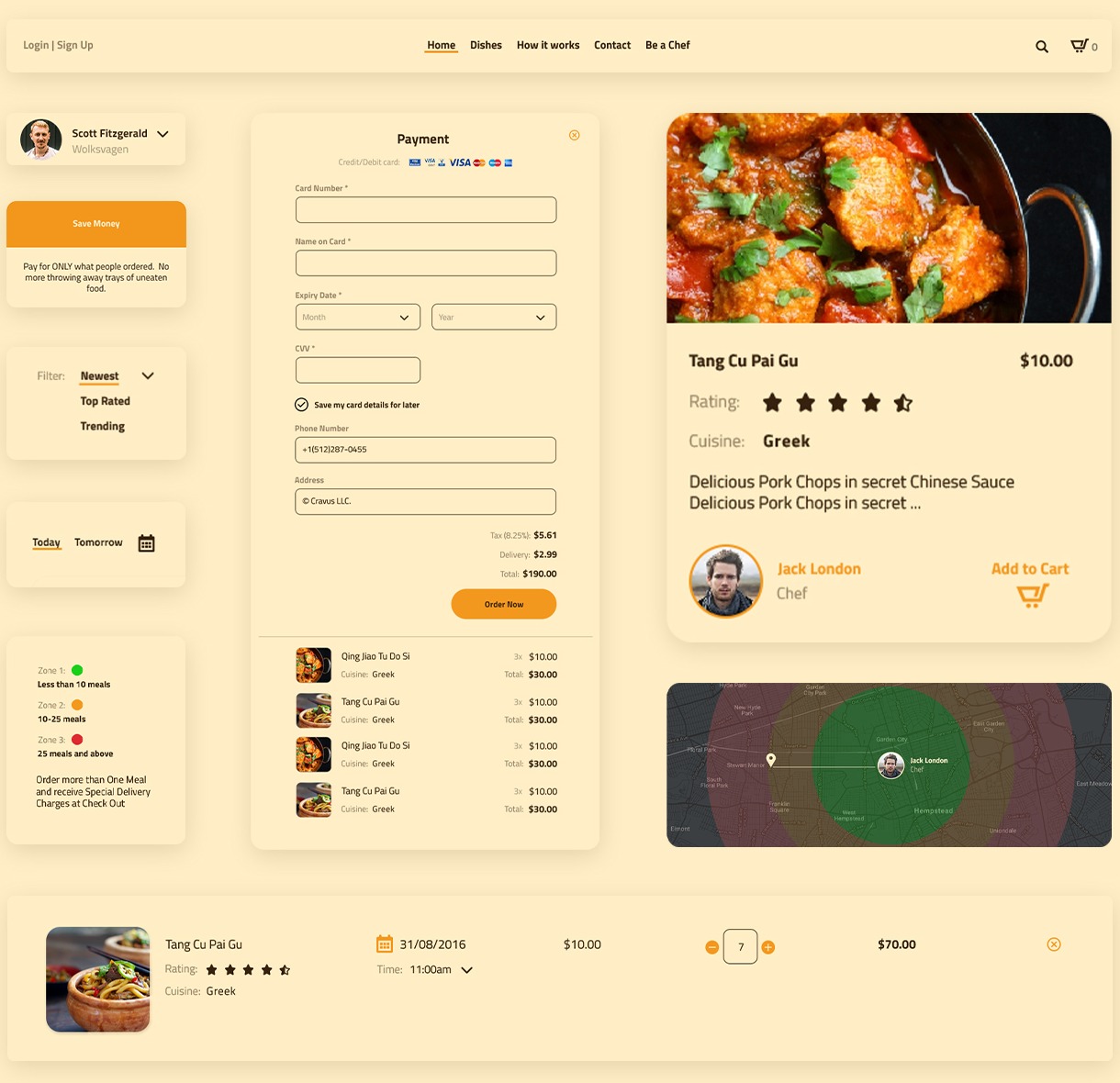 UI elements: header, user menu, office card, sort menu, date tabs, delivery zones legend, payment panel, dish card, map and a cart row