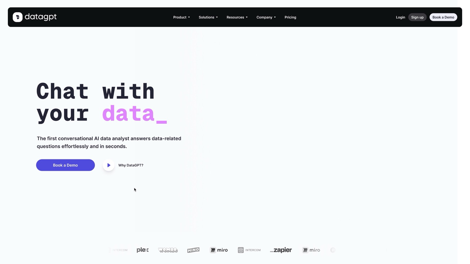 DataGPT marketing website with a conversational product demo.