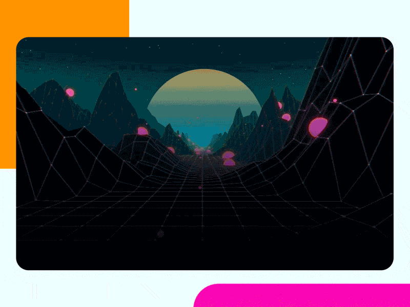 The first screen of the landing page: a wireframe landscape under a setting sun, then the chrome @ Design Cup title, the dates, the Participate button and the Skillbox and Mail logos appear one after another