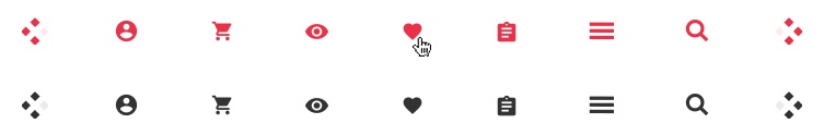 Icon set in red and in dark grey: four dots in a diamond, account, cart, quick view, wish list, orders, menu, search