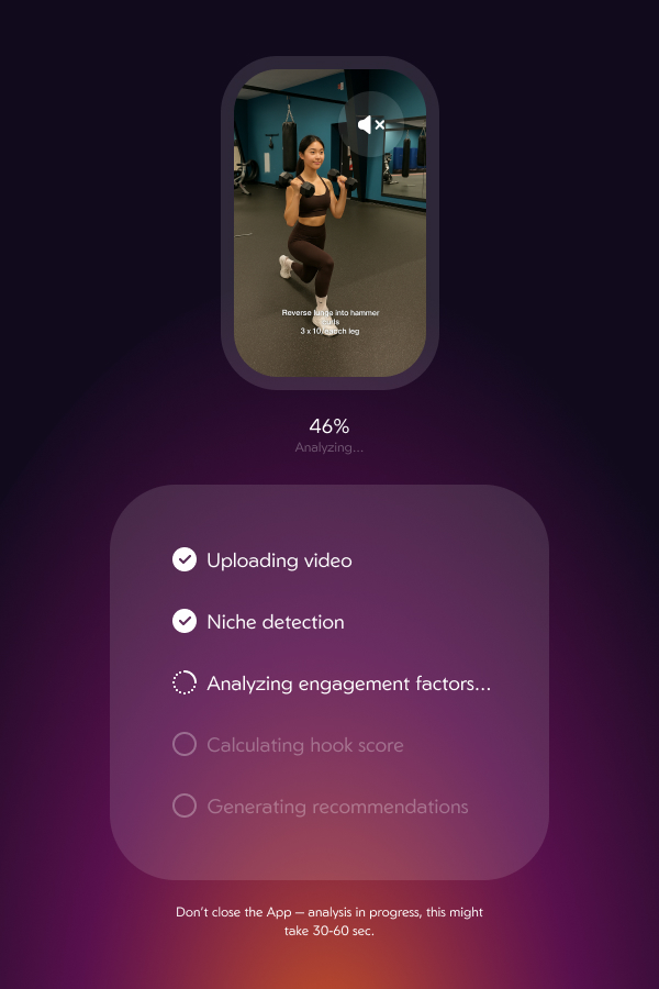 Analysis in progress: uploading, niche detection, engagement, hook score and recommendations checked off one by one