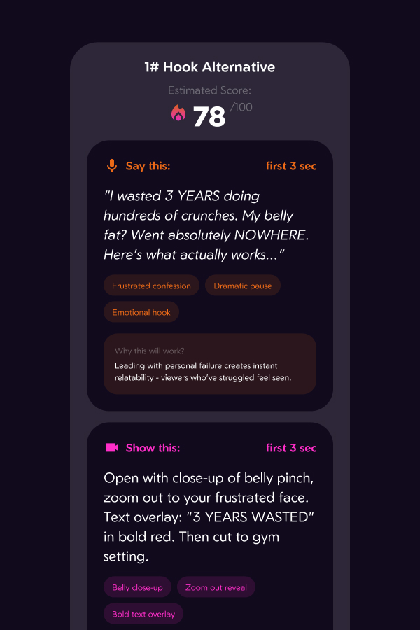 Hook alternative 1 with an estimated score of 78, a Say this script and a Show this shot description