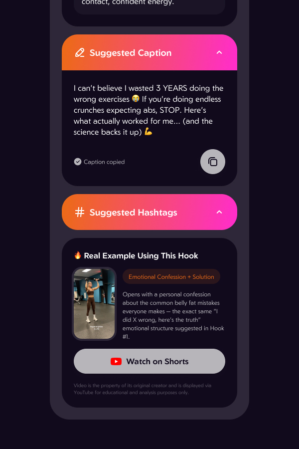 Suggested caption and hashtags, and a real YouTube Short using the same hook structure
