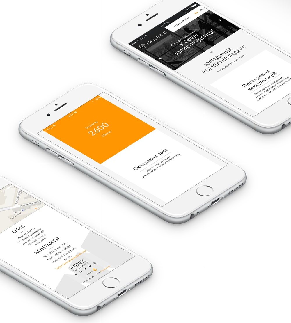 Three phones: the dark header with the slider, the 2600 clients tile above a service tile, and the contacts with the footer