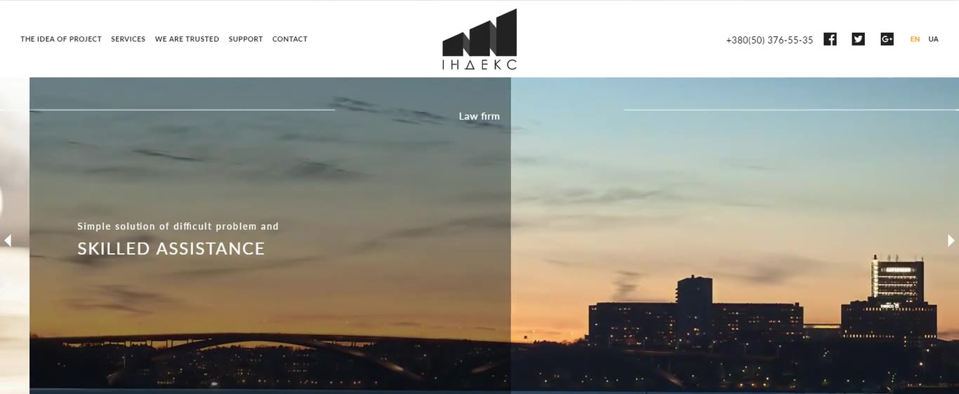 Screen recording of the English main page: the logo intro, the city slider, the service tiles with one card opened, partners, contacts and the footer