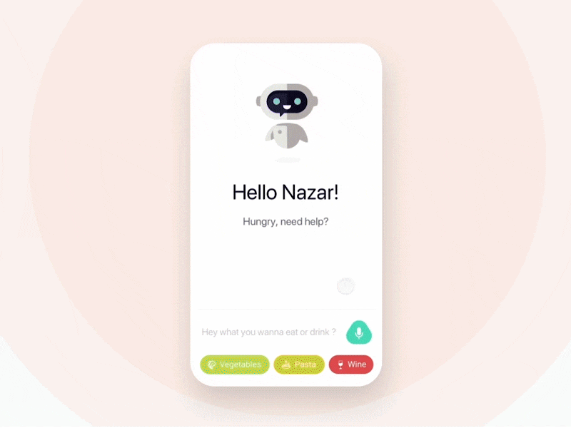 The chatbot on a tilted phone: the bot greets the user, suggests egg noodles, then three other dishes, opens the meatloaf recipe and asks when to serve it