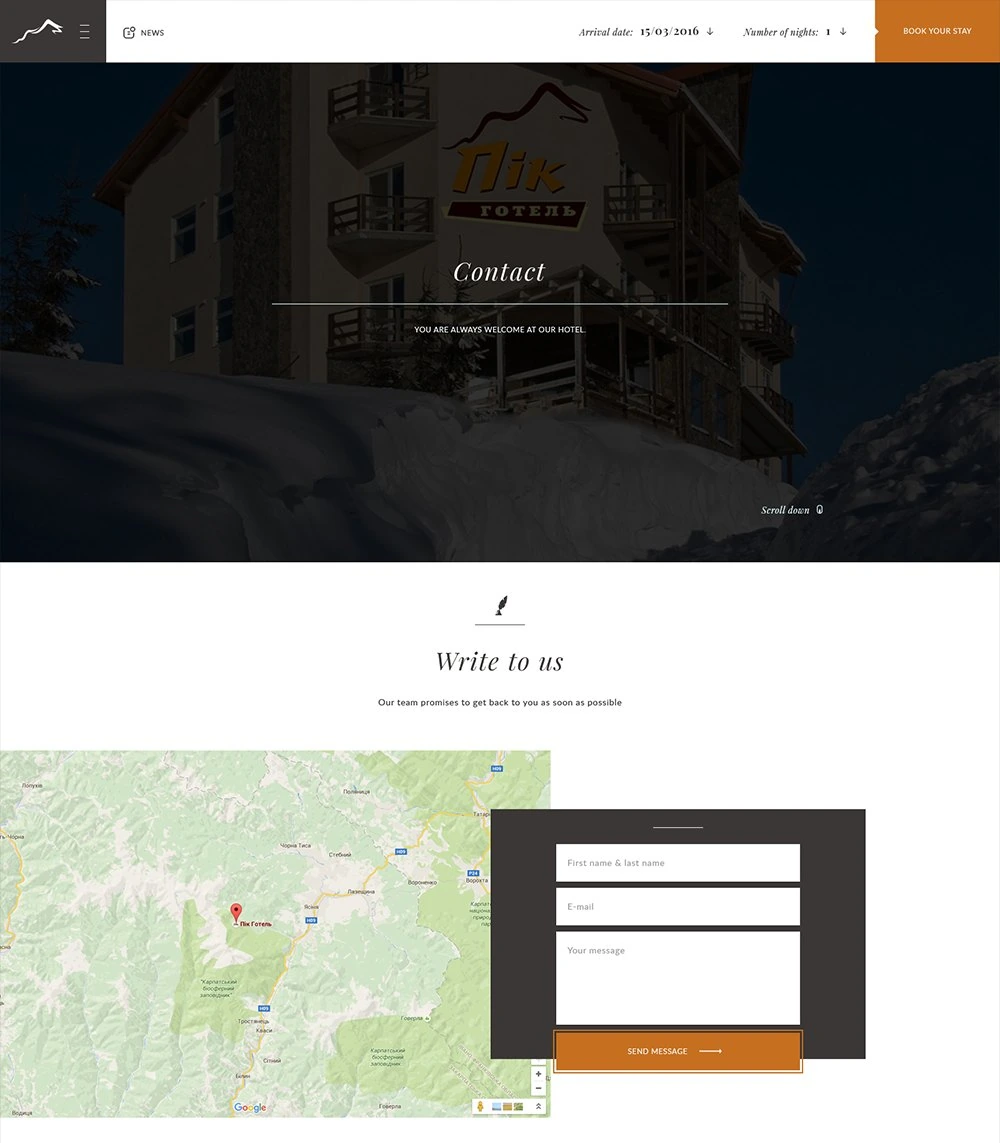 Contact page: photo of the hotel in snow, then a map with a contact form beside it