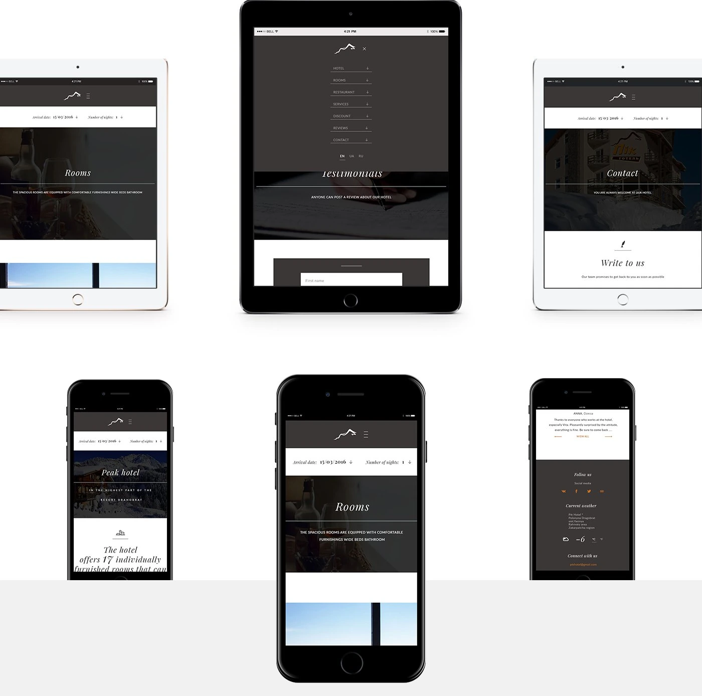 Rooms, Testimonials and Contact pages on tablets, and the home, Rooms and footer screens on phones
