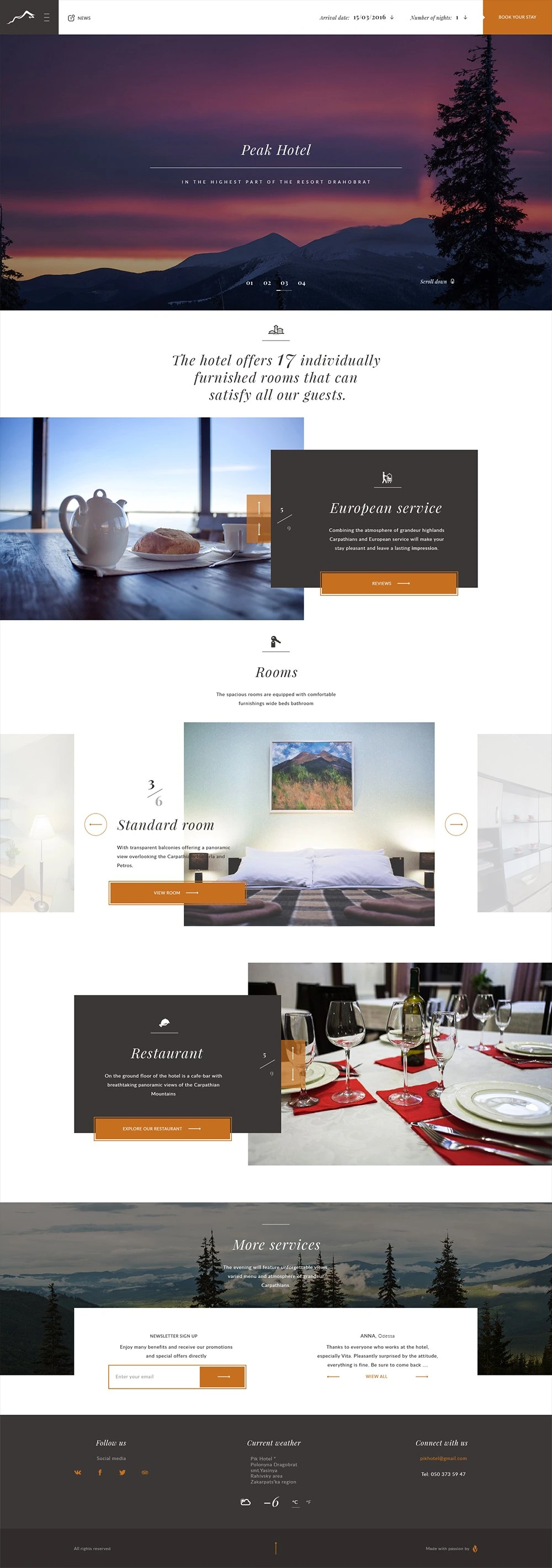 Full Peak Hotel home page: sunset photo slider with booking bar, intro line, European service, rooms slider, restaurant, more services and footer with weather