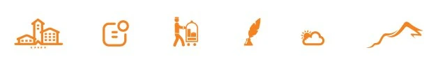 Six line icons in copper: hotel building, news, porter with luggage, quill, weather and the Peak mountain mark