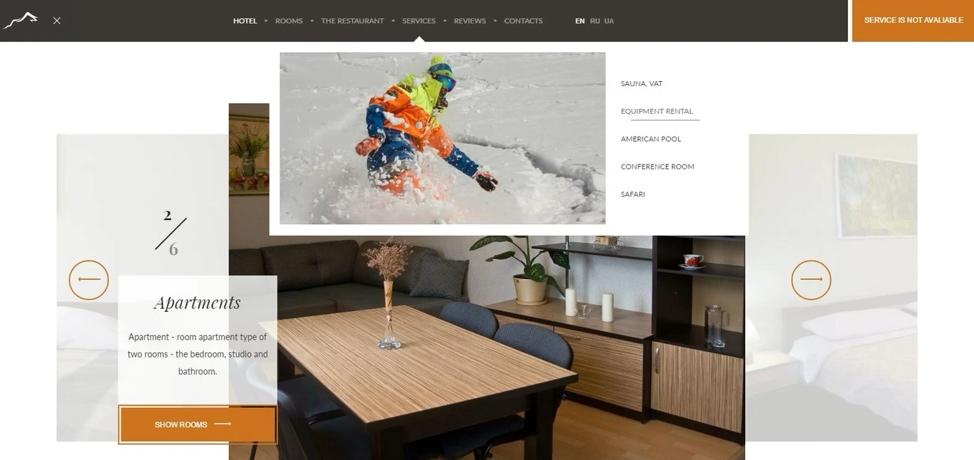 Screen recording: opening the menu, browsing the Services dropdown and moving through the rooms slider