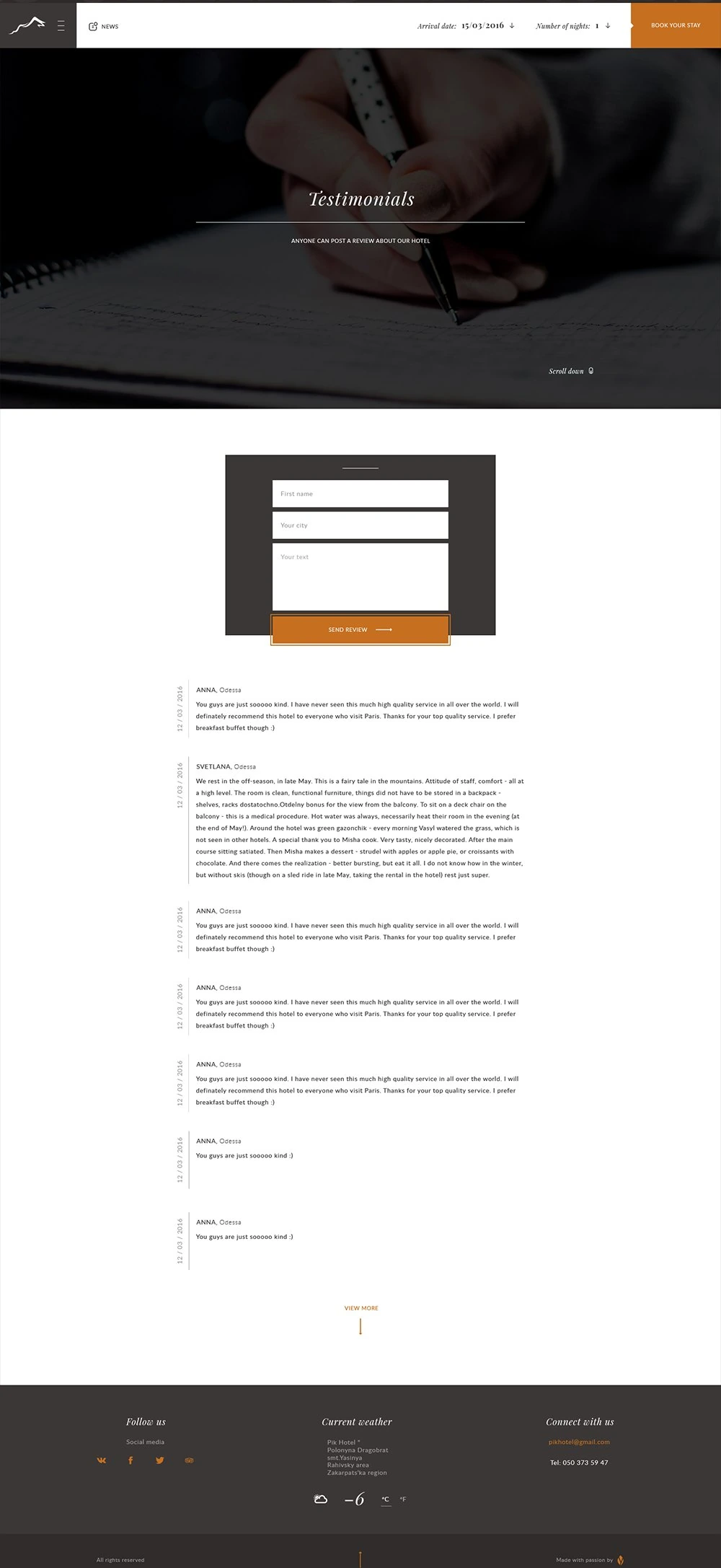 Testimonials page: review form on a dark panel, then a list of guest reviews with dates