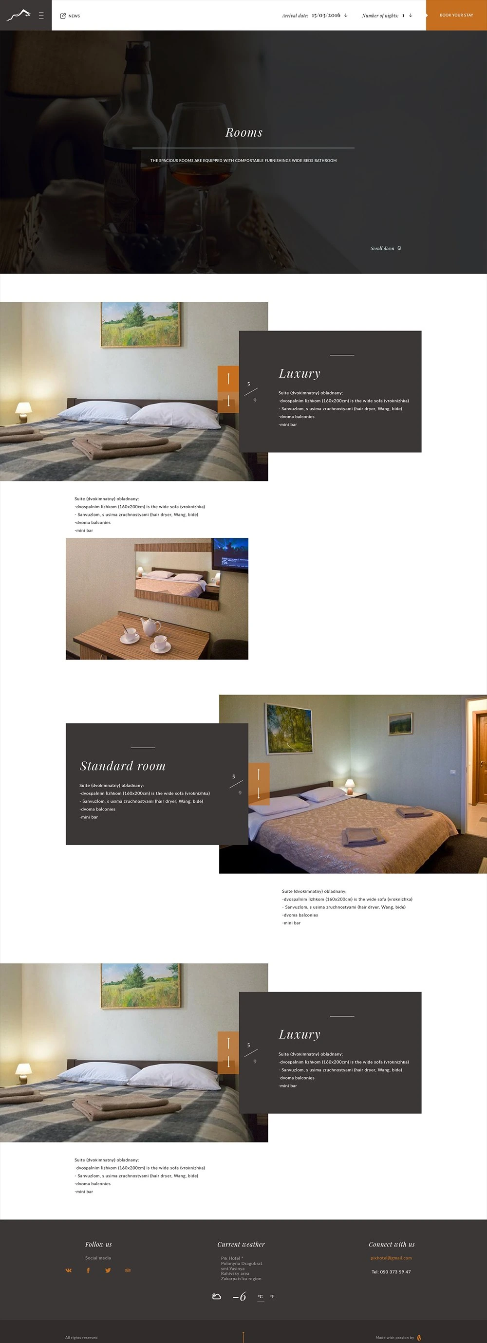 Rooms page: header photo, then Luxury and Standard room cards with photos and amenity lists
