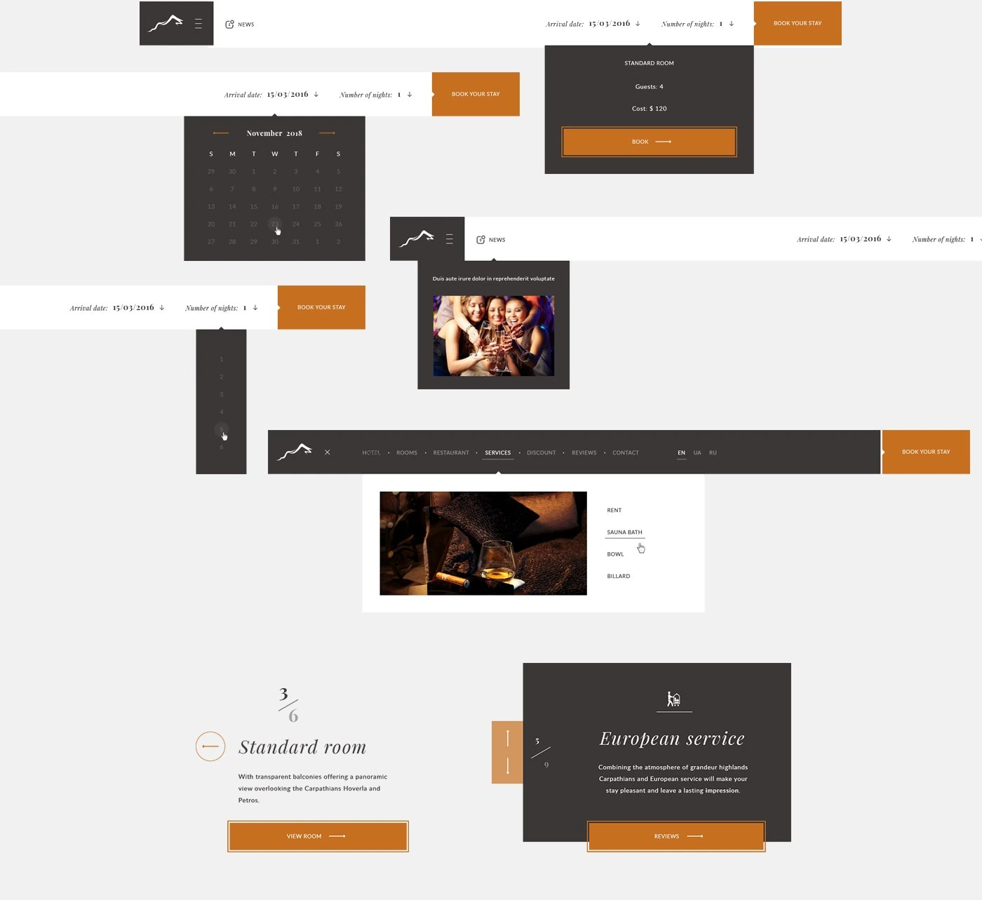 Header with booking bar, date picker calendar, nights selector, room booking card, news dropdown, open menu with Services dropdown, room slider and service card