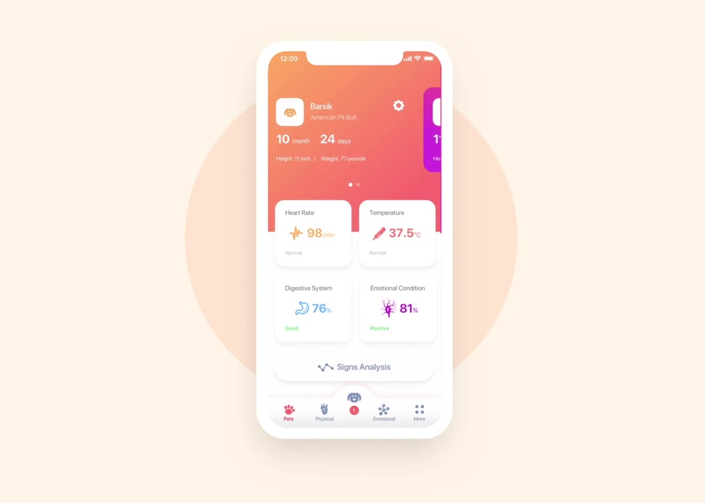 The app's main screen on a tilted phone: the heart rate, temperature, digestion and emotional condition cards lift off the screen and settle back, and the screen switches from Barsik in orange to Uncle Fedor in pink