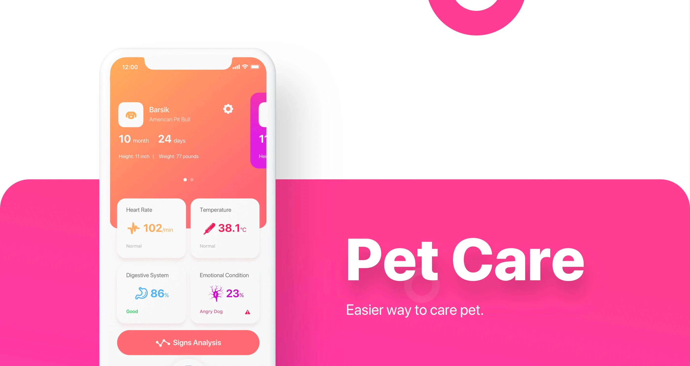 Pet Care app concept: a white phone showing Barsik's health cards beside the Pet Care title on a pink and white background