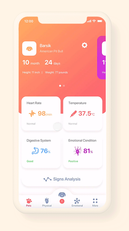 The main screen: the pet card swipes from Barsik in orange to Uncle Fedor in pink and back, and the whole screen changes colour with it