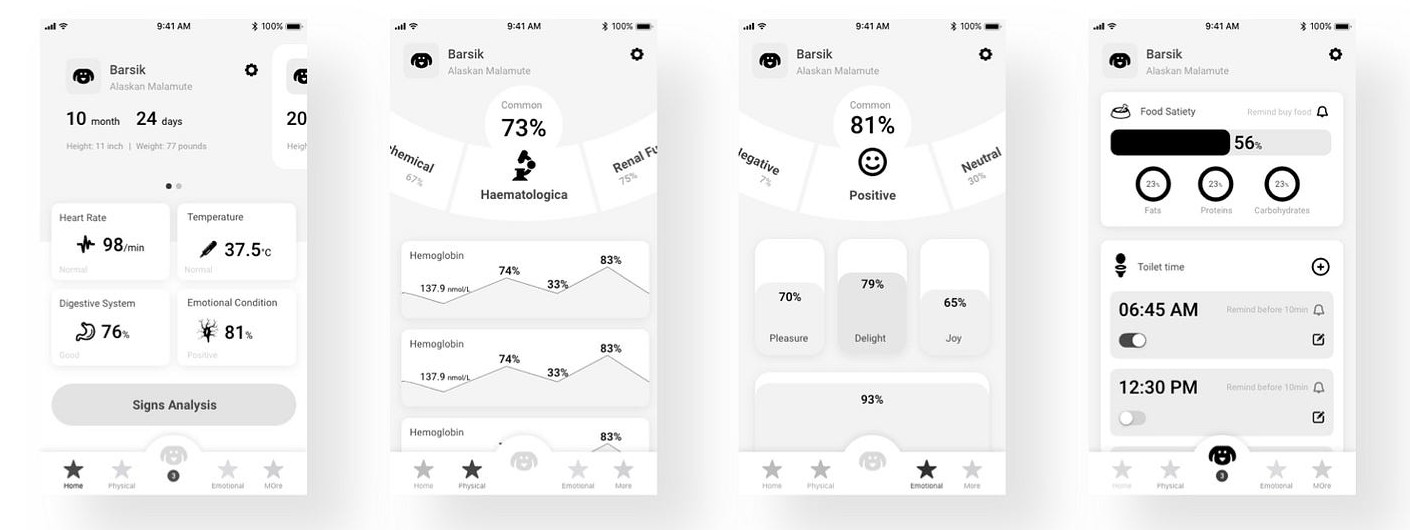 Four grey wireframes of the app: the main screen with a pet card and four sign cards, physical data with a curved category selector and hemoglobin charts, emotional state with a Positive score and three bars, and the needs screen with food satiety and toilet time reminders
