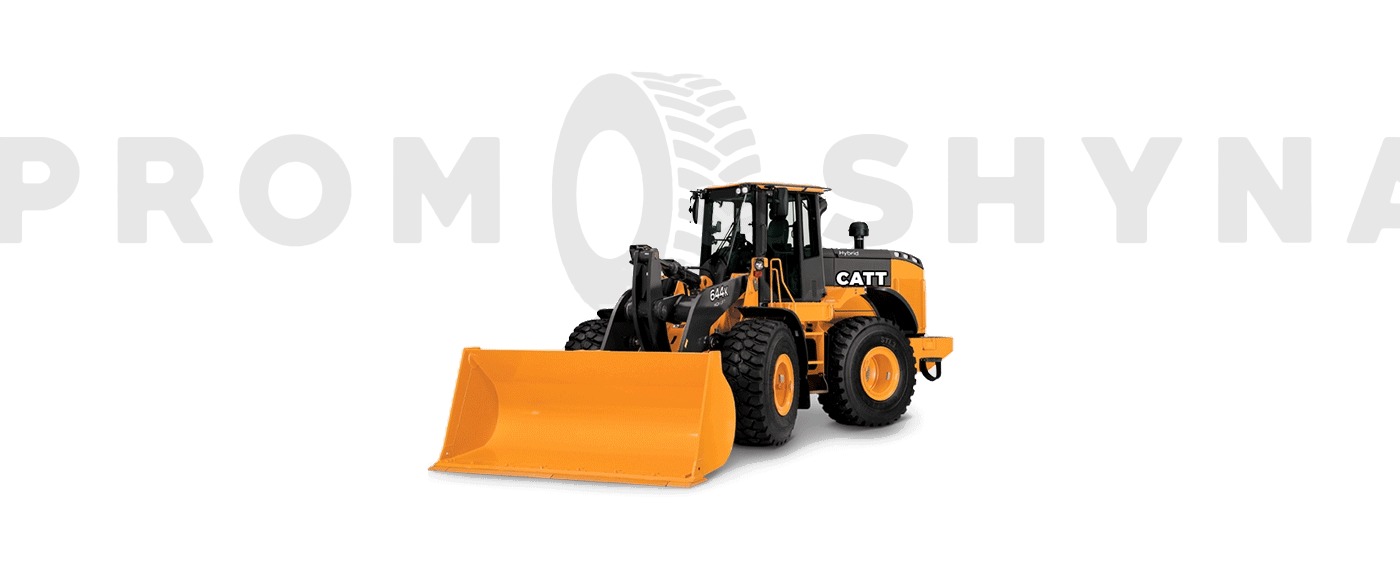 An orange wheel loader in front of a large light grey PromShyna logo