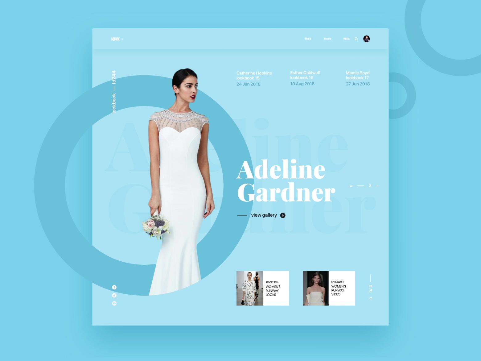 The lookbook page for Adeline Gardner: a model in a white wedding dress inside a blue ring, her name in large white serif type, and two runway cards