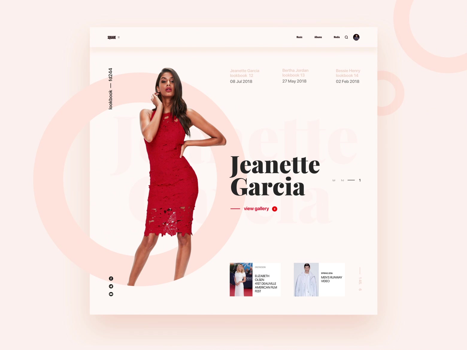 The lookbook page for Jeanette Garcia: a model in a red lace dress inside a pale pink ring, her name in large black serif type, and two runway cards