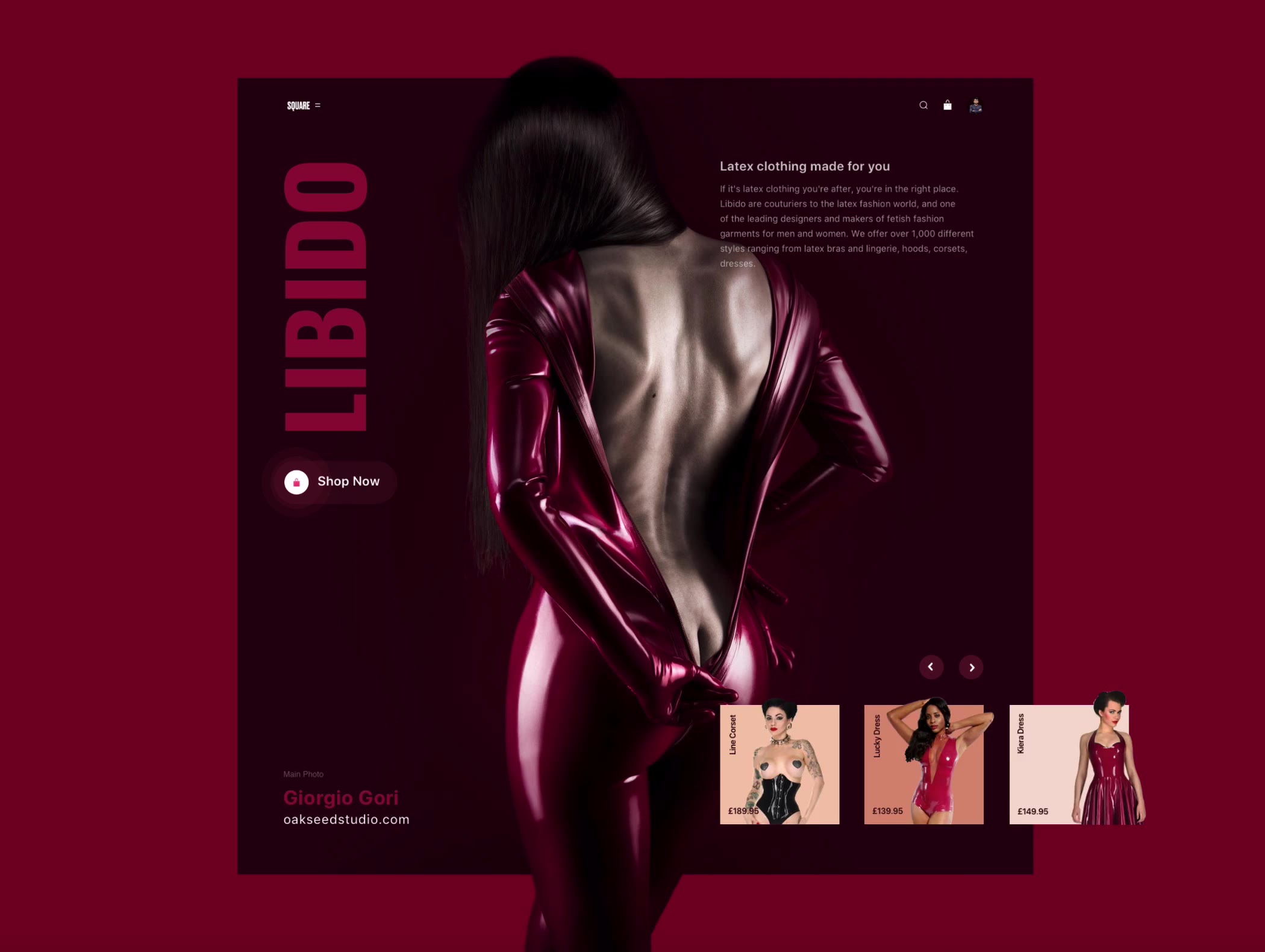 The Libido shop screen on crimson: a model in a latex suit seen from the back, the vertical LIBIDO wordmark, a Shop Now button, and product cards sliding in from the right