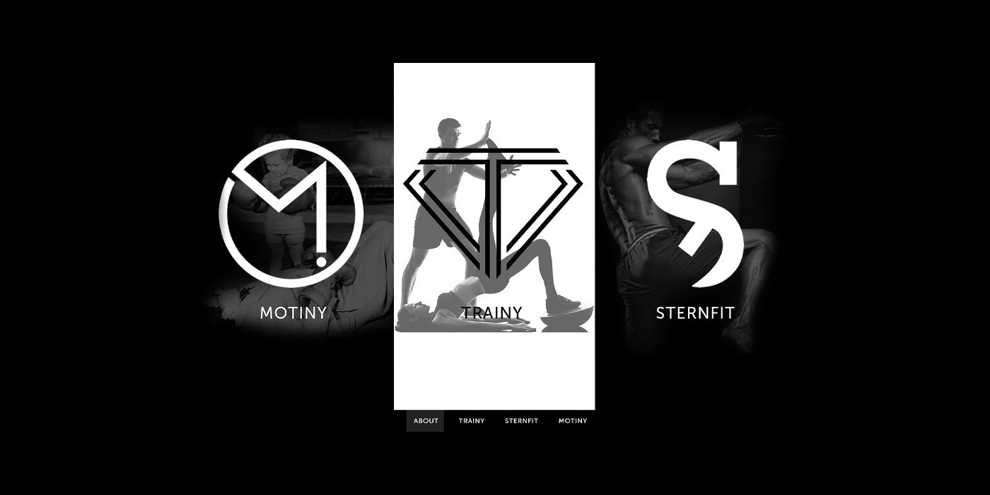 The site's first screen on black: three tall panels side by side, Motiny with a round M mark on black, Trainy with a diamond T mark on white and Sternfit with an S mark on black, and a menu bar under them