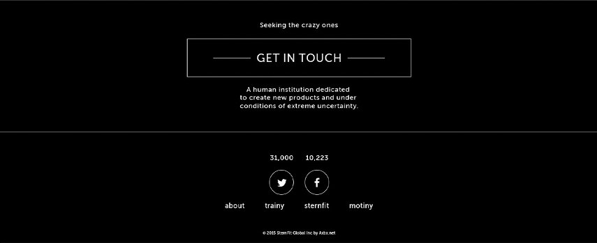 Black footer with Seeking the crazy ones, a Get in touch button, a short line about the team, Twitter and Facebook icons with follower counts and links to about, trainy, sternfit and motiny