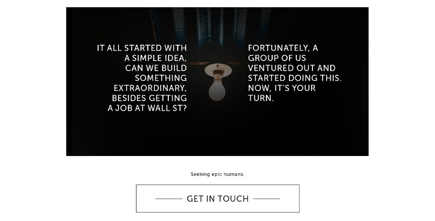 Block with a light bulb in the dark between two columns of text in capitals, and a Get in touch button with thin lines on both sides below it