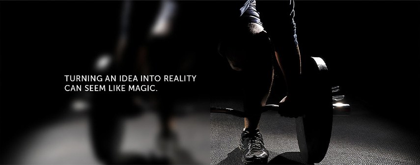 Full-width block with the line Turning an idea into reality can seem like magic on the left and an athlete gripping a barbell plate on the right