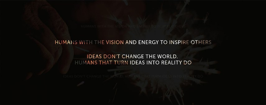 Full-width dark block with sparks behind three centred lines of text, some words in copper